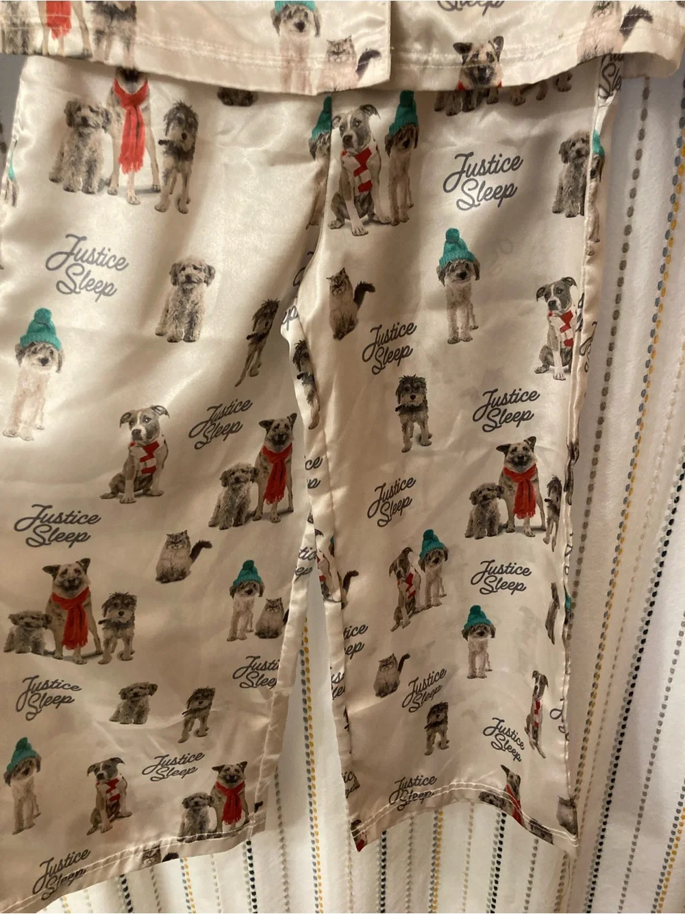 Justice Cream Satin Pajama Set with Red and Teal Dog Accents